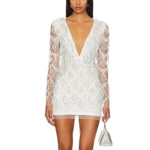 Superdown Nia White Sequin Fringe Mini Dress LARGE Plunging Bodycon $118 NEW